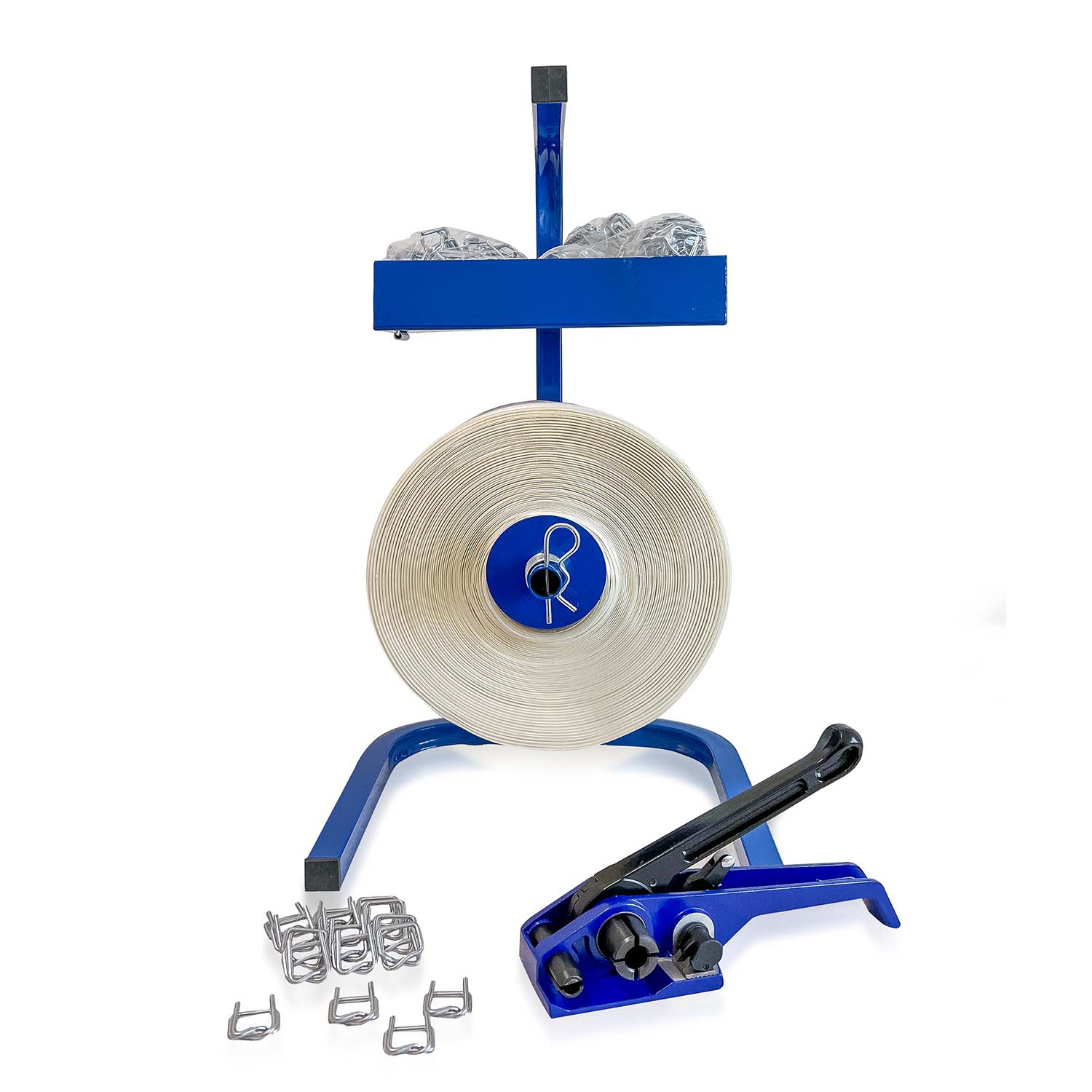 Textil Umreifungs-Set: Handabroller, Spanngerät, Abrollwagen 19 mm Textil Umreifungsband, 200 Metallklemmen